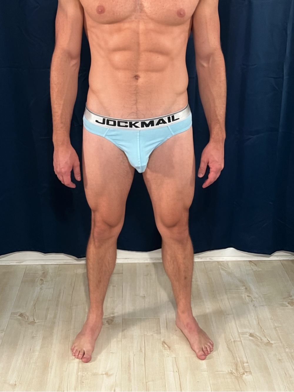 Jockmail Light Blue Men's Thong with Silver Waistband
